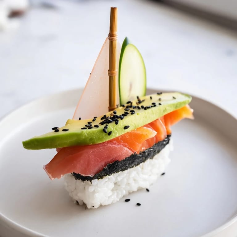 Vibrant sushi sailboats, delicious Japanese fusion, with fresh salmon and tuna atop fluffy sushi rice.
