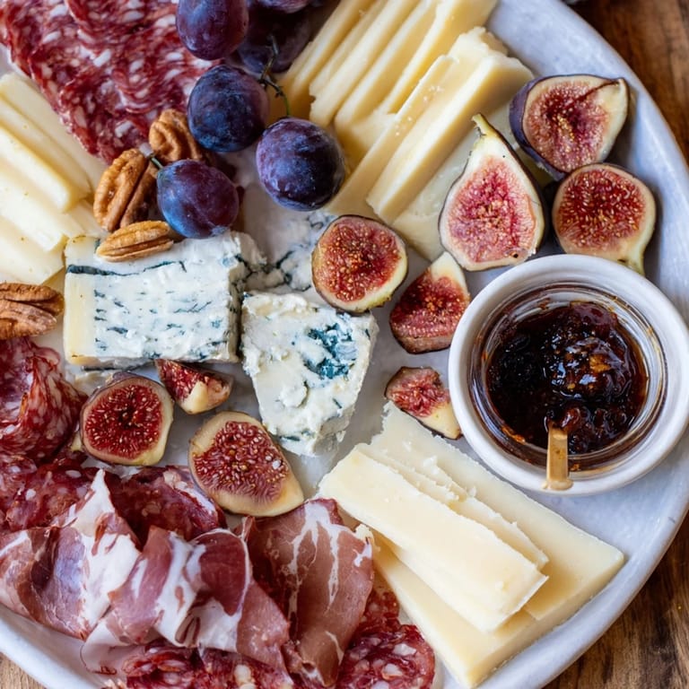 A tempting view: a Wine & Food Pairing Platter, showcasing colorful fruits, cheeses, and charcuterie for a gathering.