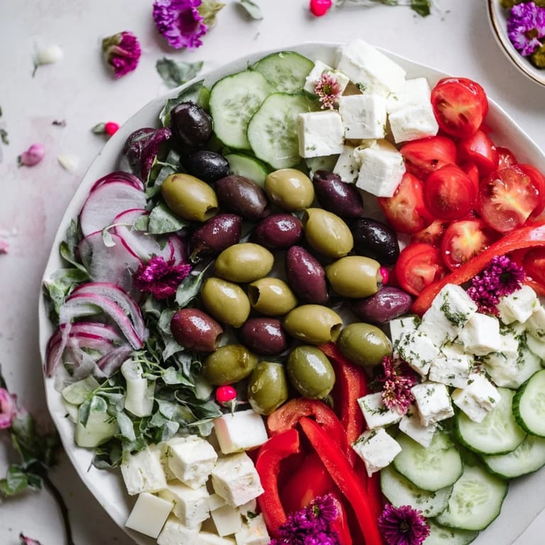Mediterranean Colombe de la Paix Olive Platter: a gluten-free arrangement of olives, feta, and colorful garnishes for sharing.