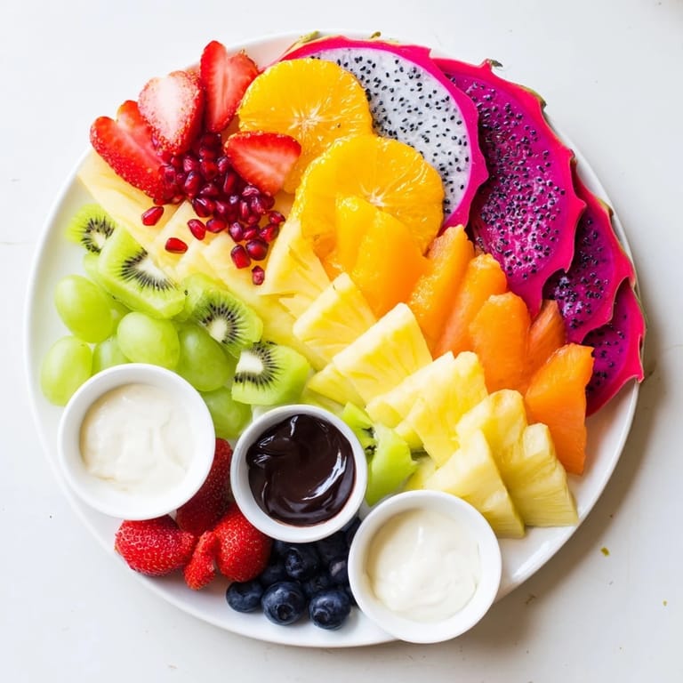 Vibrant arrangement of fresh fruit on a Dragon Scales Fruit and Dip Board, ideal for parties and gatherings.