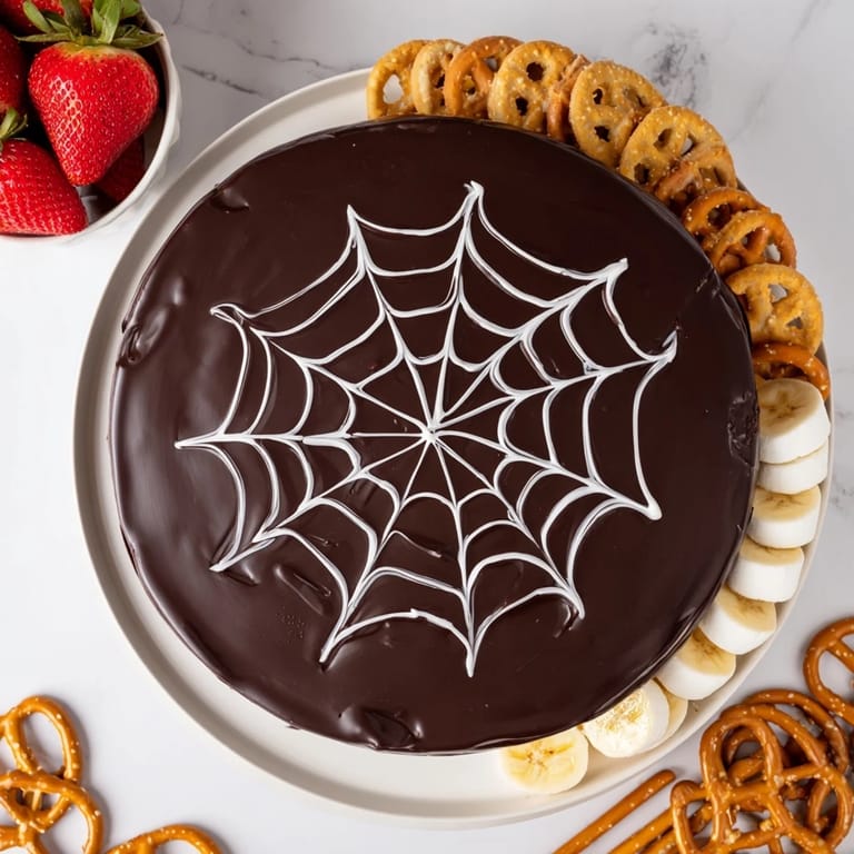 This impressive Spiderweb Chocolate Ganache Board appetizer features assorted dipping treats around the dark chocolate spread.