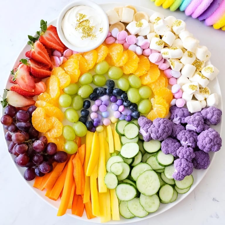 Enjoy the whimsical presentation of this Magical Unicorn Rainbow Snack Board with dips and treats.