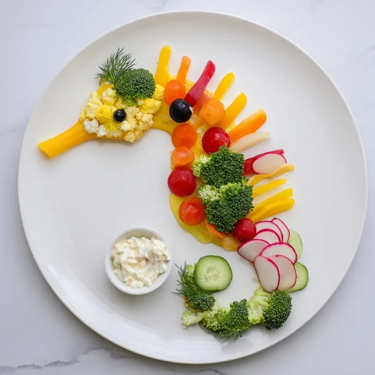 This creative Seahorse Veggie Dip Platter features fresh, crisp vegetables paired with a creamy dip.