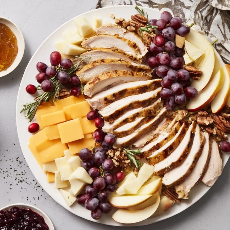 This vibrant Turkey Cheese and Cracker Board displays tempting textures of cheese, crackers, and delicious turkey slices.