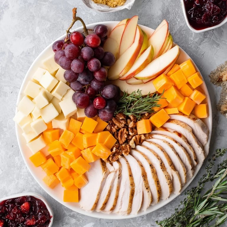 See a festive Turkey Cheese and Cracker Board with fruits, nuts, and cranberry sauce, ready for a Thanksgiving feast.