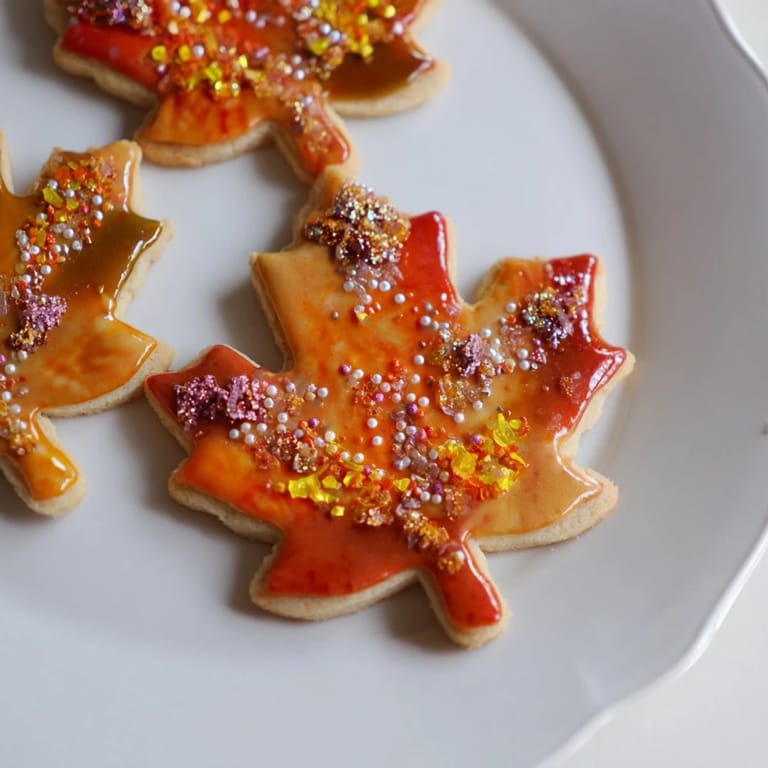 Someone is decorating fresh maple leaf cookies with colorful icing, perfect for a cozy afternoon snack.