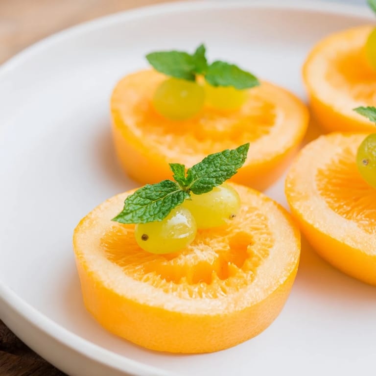Sweet Pumpkin Patch Orange Slices, a colorful healthy dessert, are accented with green grape stems and mint leaves.