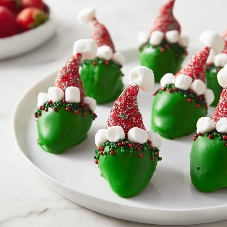 These colorful Elf Hat Chocolate Dipped Strawberries are dipped and decorated with candy pearls for a playful treat.