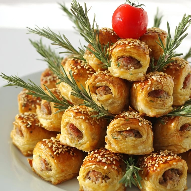 Appetizing close-up of baked mini sausage roll Christmas tree, glistening with egg wash and ready to eat.