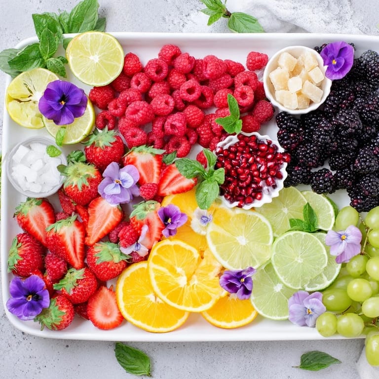Imagine a festive Bubbly Bar Garnish Platter brimming with berries, citrus, and edible flower accents.