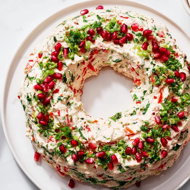 Vibrant photo shows the holiday-ready red pepper and spinach dip wreath adorned with fresh parsley and pomegranate.