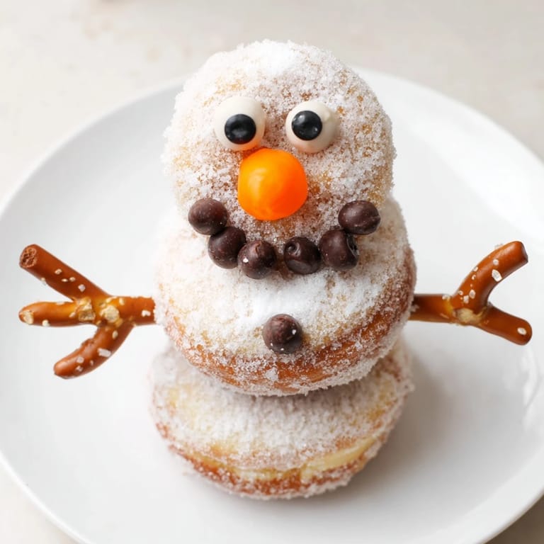 Charming mini donut snowman creations, a delicious, kid-friendly dessert perfect for wintertime celebrations.