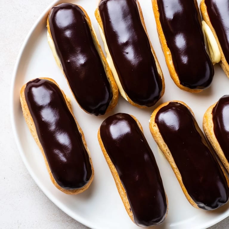 Rows of sweet bites: mini chocolate éclairs, looking gorgeous lined up on a serving platter with chocolate glaze.