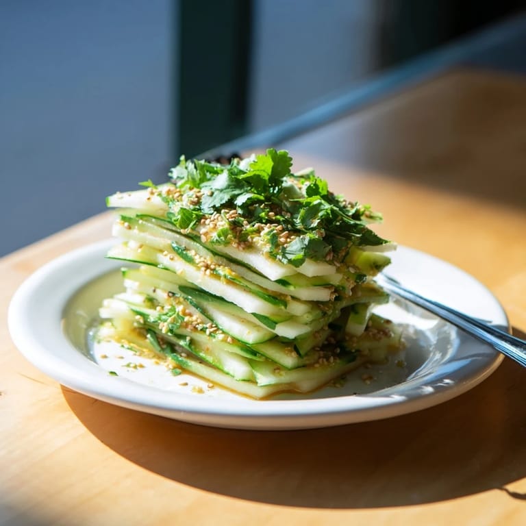 Bright green cilantro and a zesty dressing top this quick Jicama and Cucumber Slice Stack appetizer.