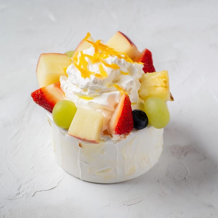 A close-up of a delightful cream cheese fruit dip, ready to enjoy with assorted fruit.