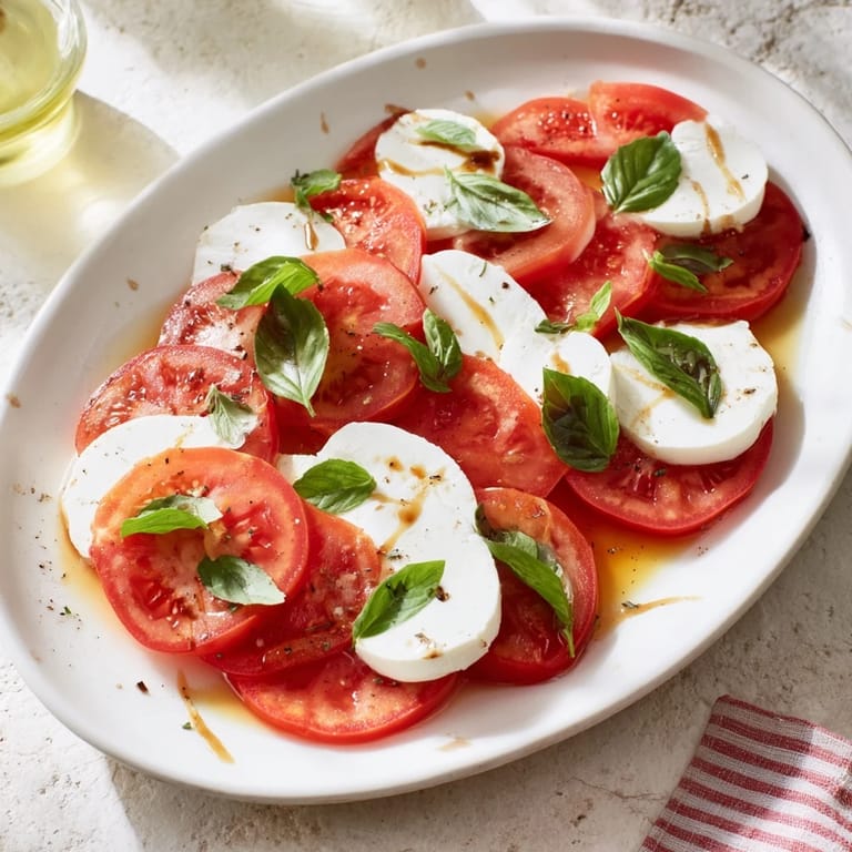Close-up of fresh Sliced Tomatoes and Mozzarella Rounds, ready to eat, with green basil and peppery seasoning.