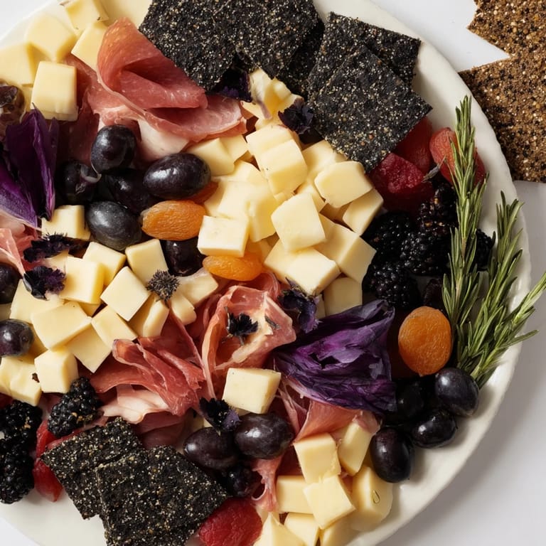 A creatively arranged Ghostly Outline Halloween Charcuterie Board with dark cheese, fruits, and olives.