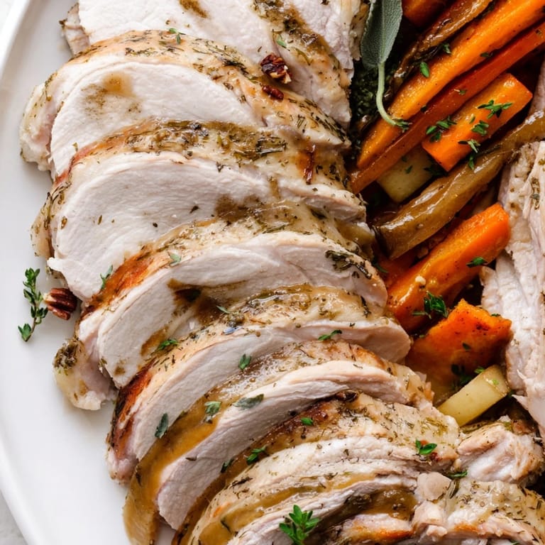 Savory "Chains of the Mayflower" features tender sliced turkey, root vegetables, and rich gravy in a festive display.