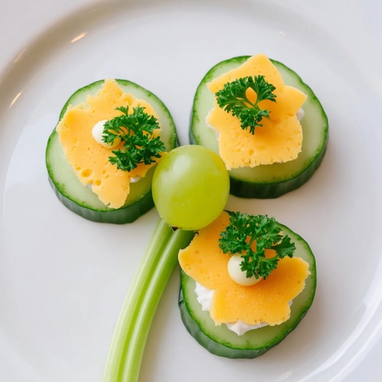 A refreshing Lucky Four-Leaf Clover Snack, with green grape centers and cheesy clover petals, ready to eat.