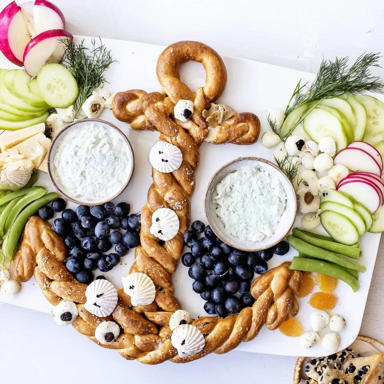 Eye-catching close-up of the Anchor Maritime Board, featuring cheeses, fruits, and coastal design elements.