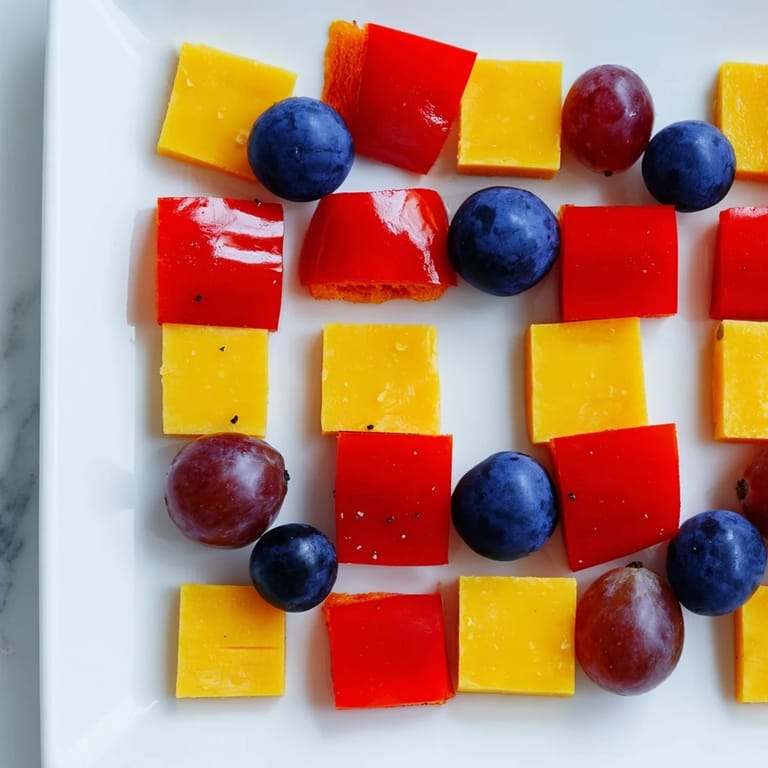 Colorful Bauhaus Block appetizer with cheddar, red pepper squares, and juicy grapes; a party favorite.