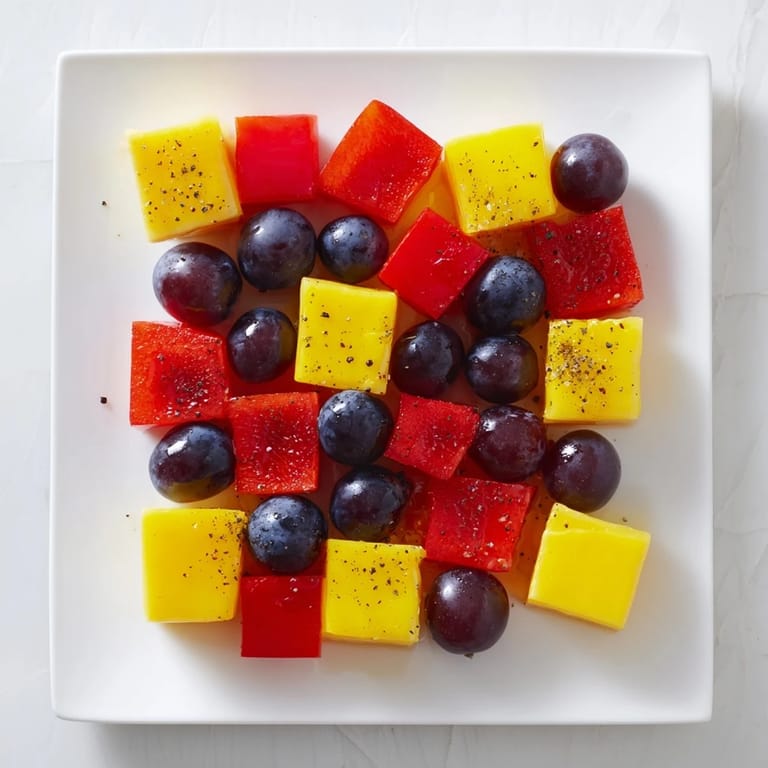 Artistic arrangement of Bauhaus Block components: red bell pepper, cheese, and grapes, ideal for serving guests.