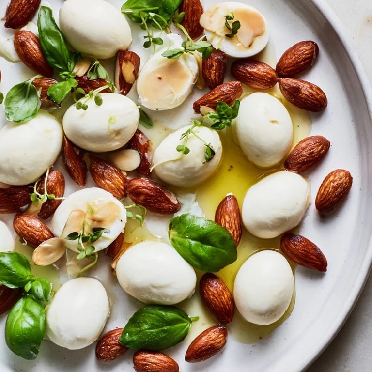 Enjoy a delightful spread of The Polished Pebble; oval cheeses and almonds glistened with olive oil.