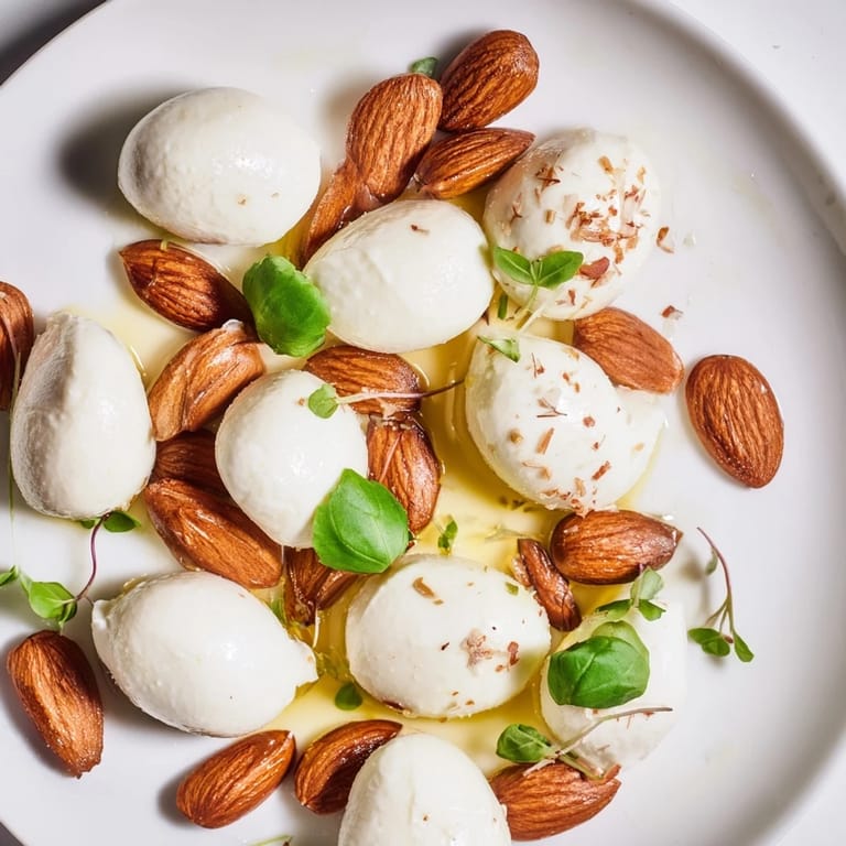 Picture The Polished Pebble: mini-mozzarella, goat cheese, with fragrant roasted almonds, a perfect appetizer.
