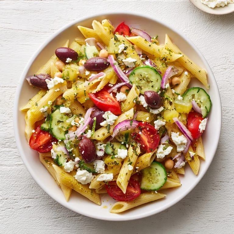 This delicious Mediterranean Pasta Salad with Chickpeas features a bright olive oil dressing and fresh vegetables.