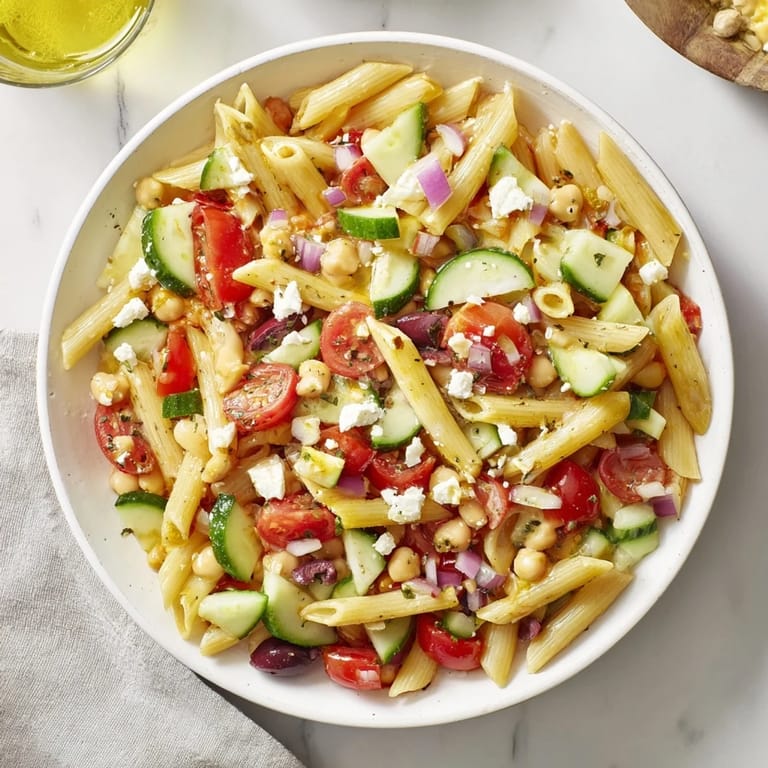 Enjoy a hearty bowl of Mediterranean Pasta Salad with Chickpeas, full of feta and bursting with fresh flavors.