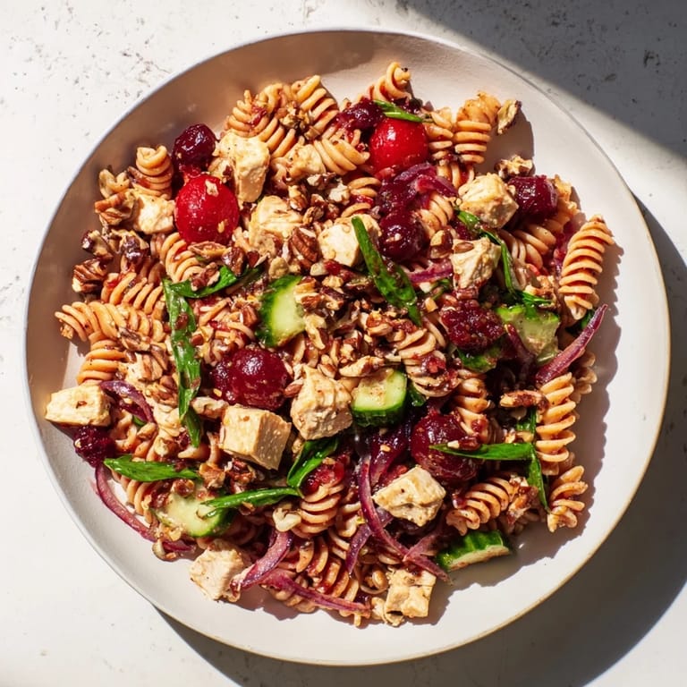 A colorful bowl of refreshing Pasta Salad with Cranberry Vinaigrette ready to eat with toasted pecans.