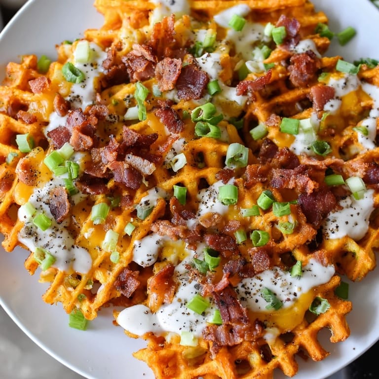 Savory Loaded Sweet Potato Fries featuring bacon crumbles, ranch, and green onions, baked to perfection.