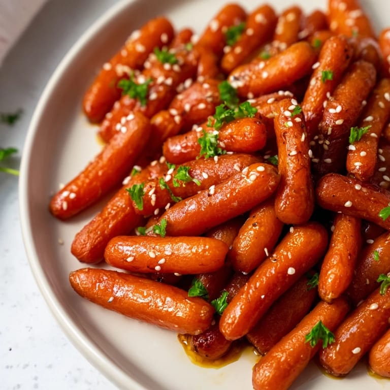 Golden-brown honey soy roasted carrots, garnished with sesame seeds, freshly roasted and delicious.