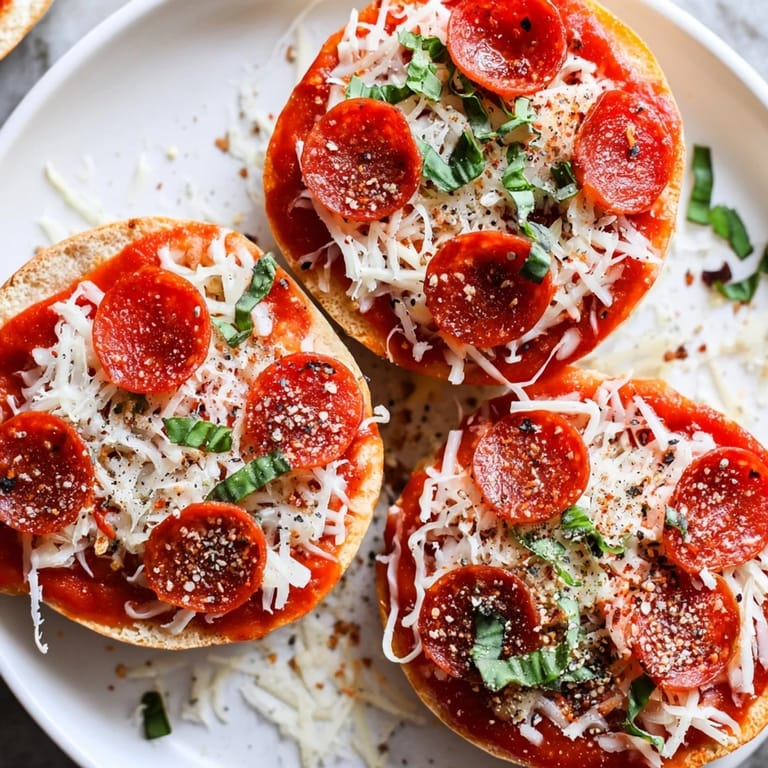 Golden, bubbly cheese and crispy pepperoni sit atop toasted mini pepperoni pizza bagel halves.