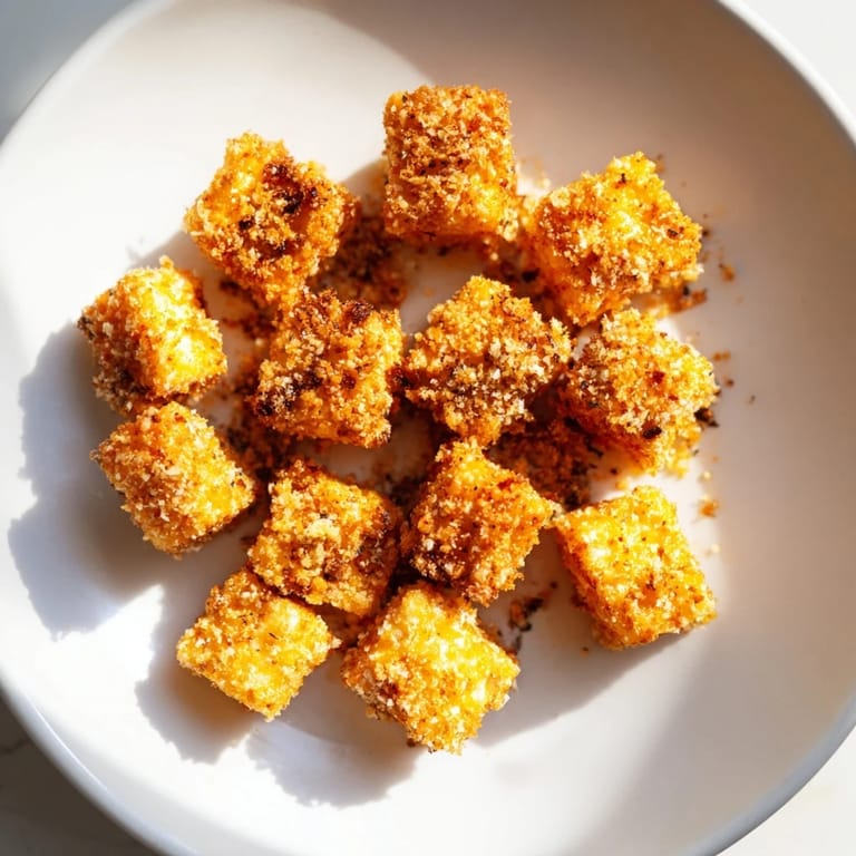 Close-up of baked popcorn tofu bites, showing a satisfyingly crunchy texture, ideal appetizer.