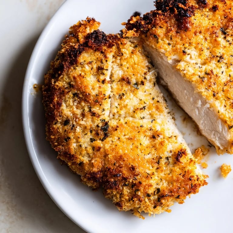 A close-up of air fryer chicken cutlets, showing their golden breading and juicy, tender texture.