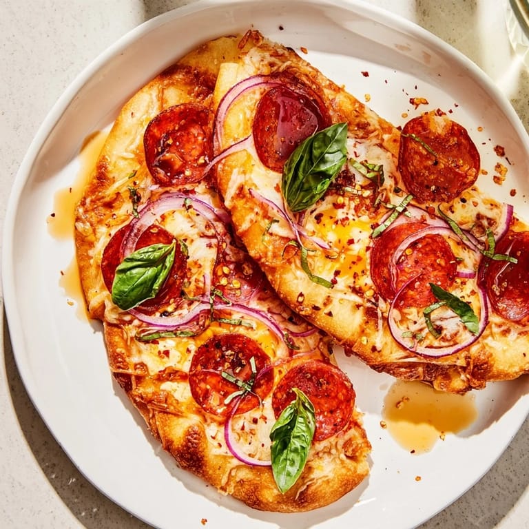 Savory Hot Honey Pepperoni Flatbread ready to enjoy, drizzled with sweet-spicy honey and fresh basil.