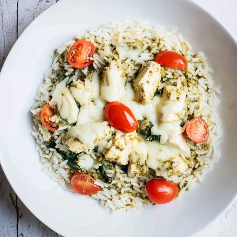 A close-up view of Chicken Pesto Rice Bake, showing the creamy texture and delicious, savory flavors.