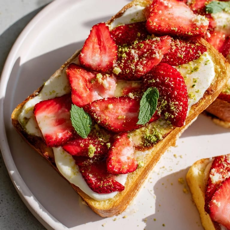 Vibrant image: Easy Strawberry Cheesecake Toast featuring thick, toasted bread, loaded with sweet strawberries perfect for breakfast.