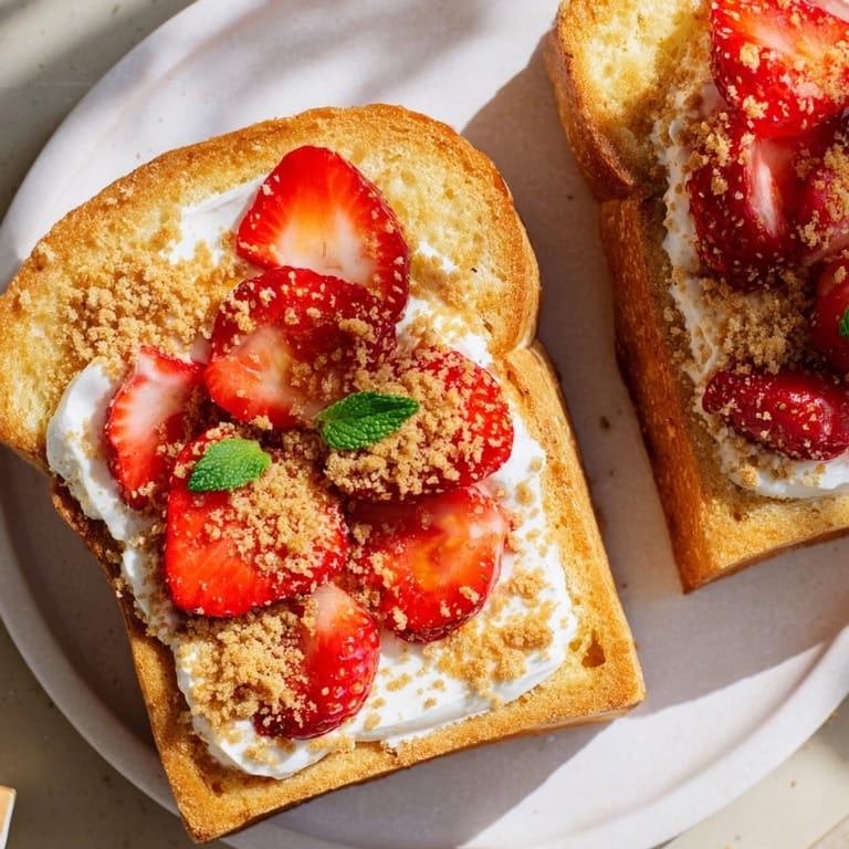 Enjoy a visually appealing plate of Strawberry Cheesecake Toast, showcasing fresh strawberry slices on creamy cheesecake spread.