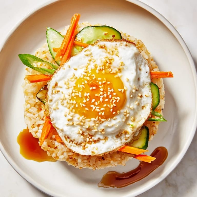 Vibrant Crispy Egg Rice Bowl, featuring colorful vegetables, drizzled sauce, and toasted sesame seeds.