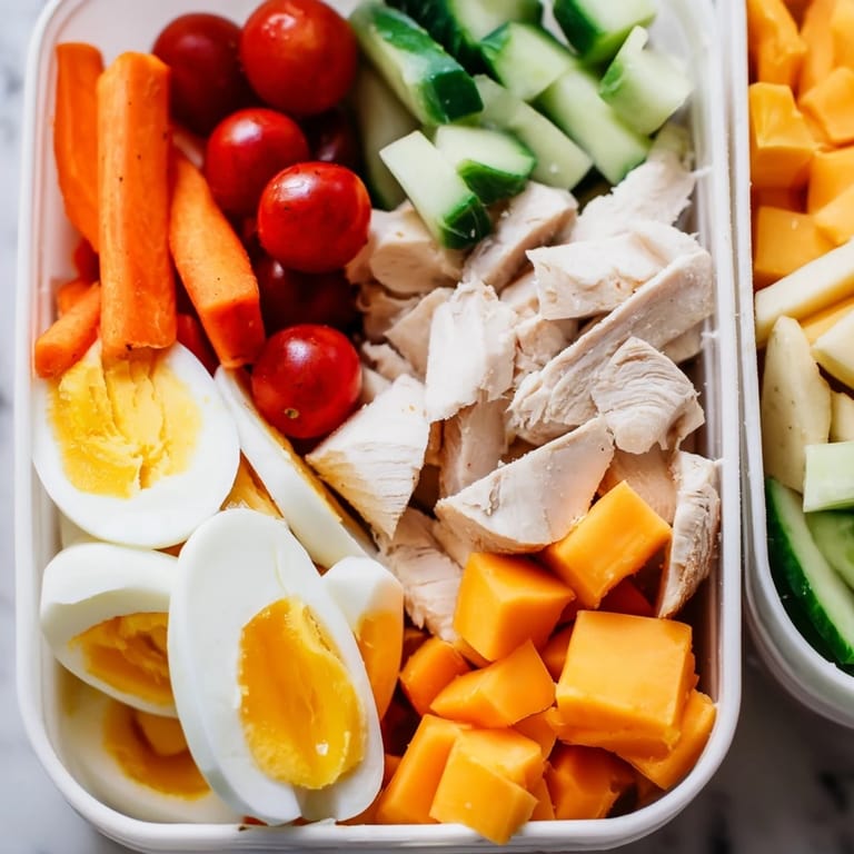 Homemade Protein Snack Boxes arranged with hummus, crackers, and healthy components ready to eat.