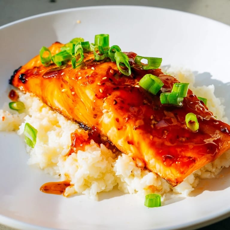 Vibrant Sticky Orange Salmon served with rice and scallions, a delicious Asian-inspired dish.