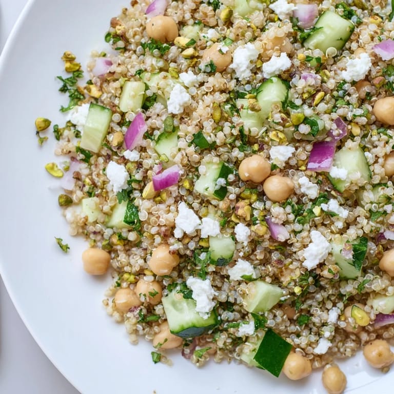 A healthy Jennifer Aniston Salad features bright quinoa, chickpeas, feta, and a zesty lemon dressing.