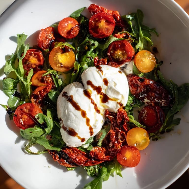 Fresh and flavorful Tomato Flight Salad with three tomato preparations, drizzled with a balsamic glaze.