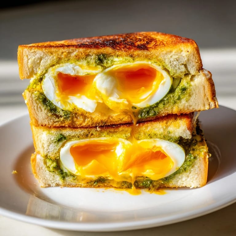 Warm, toasted Pesto Egg Grilled Cheese sandwich; the gooey cheese and pesto egg filling looks mouthwatering.