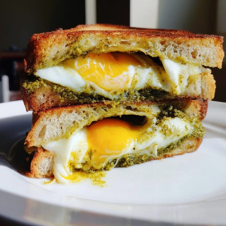A close-up of a delightful Pesto Egg Grilled Cheese, with perfectly melted cheese layers and crispy bread.