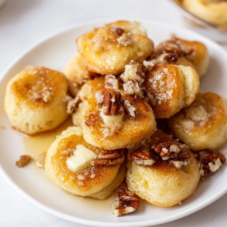 Imagine fluffy, freshly baked Pancake Brie Bites, drizzled with honey, offering a cheesy delight.