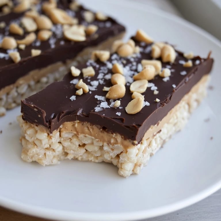 Melted chocolate drizzled over peanut butter on rice cakes, topped with the option of peanuts ready to be frozen.