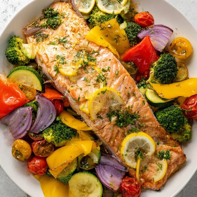 Golden, flaky salmon in a Salmon Sheet Pan Bake alongside vibrant roasted bell peppers, perfect for dinner.